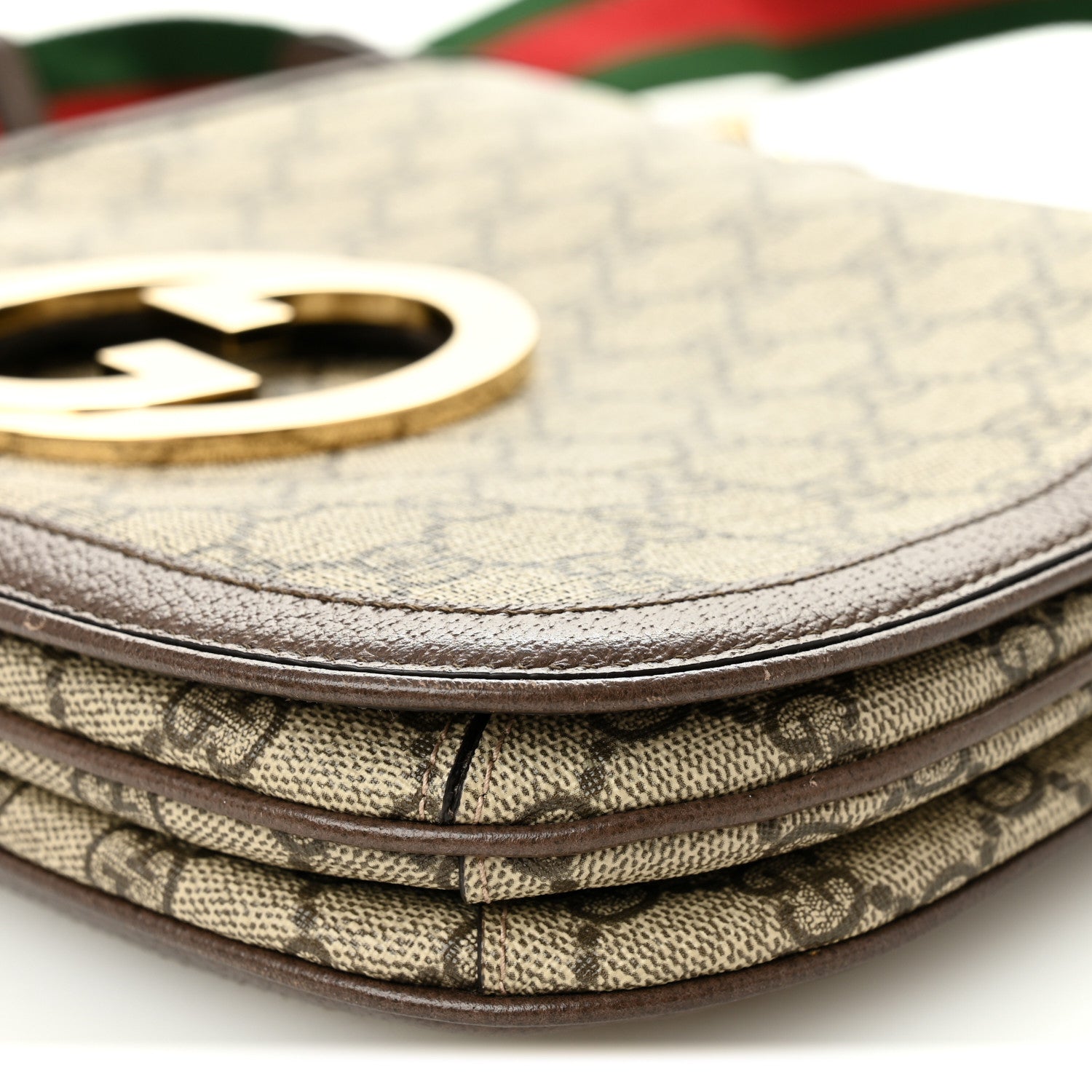 Gucci GG Supreme Monogram Textured Dollar Calfskin Web Medium Blondie Top Handle Shoulder Flap Bag Beige Ebony New Acero
