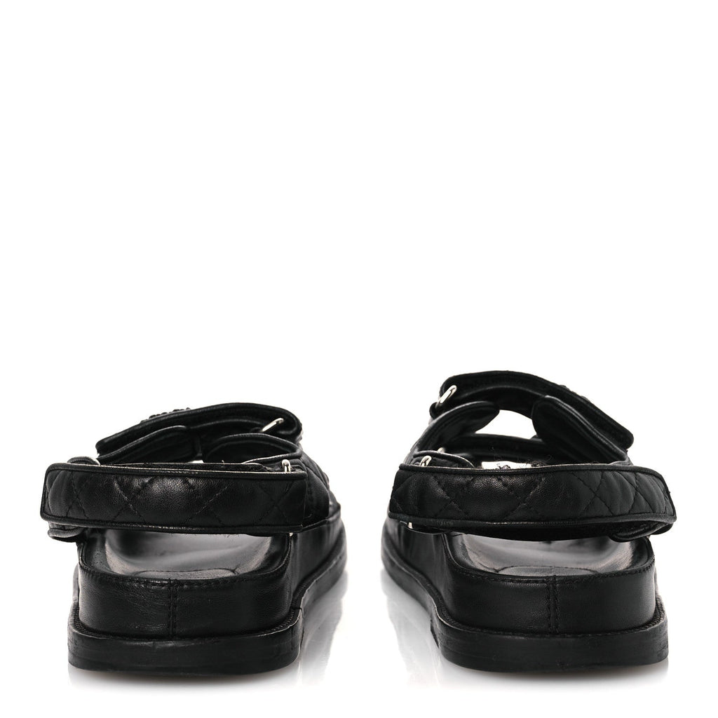 Lambskin Quilted Velcro Dad Sandals 38.5 So Black