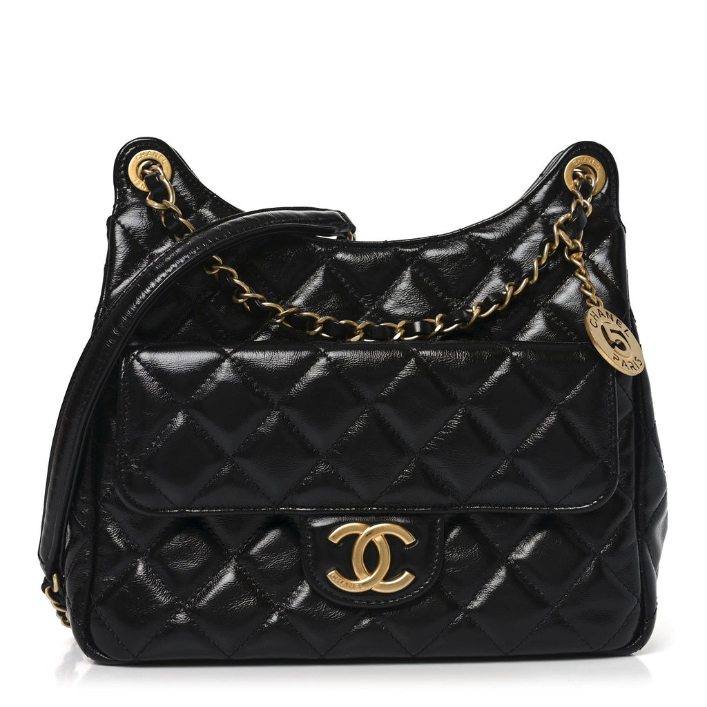 Chanel Shiny Crumpled Calfskin Quilted Wavy CC Hobo Black