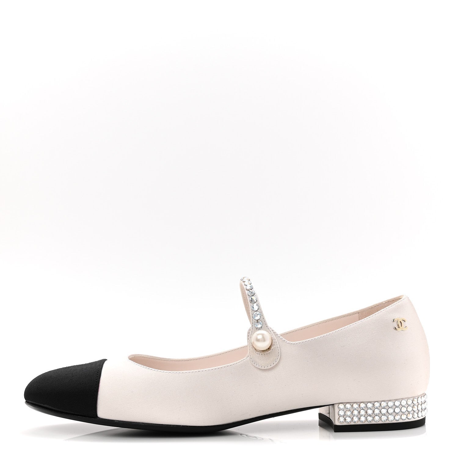Chanel Strass Satin Grosgrain Mary Jane Flats 38 Ivory Black