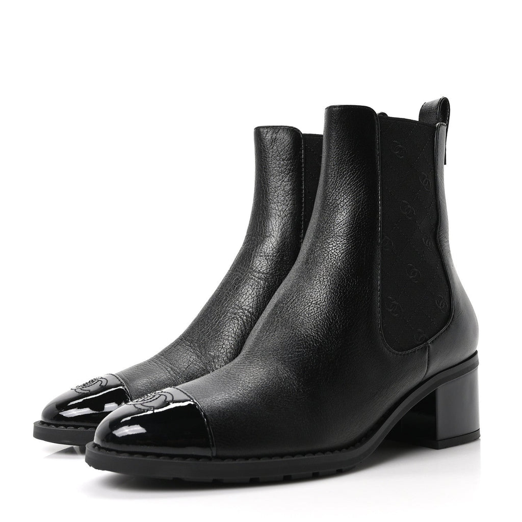 Calfskin Patent Cap Toe CC Short Boots 40 Black