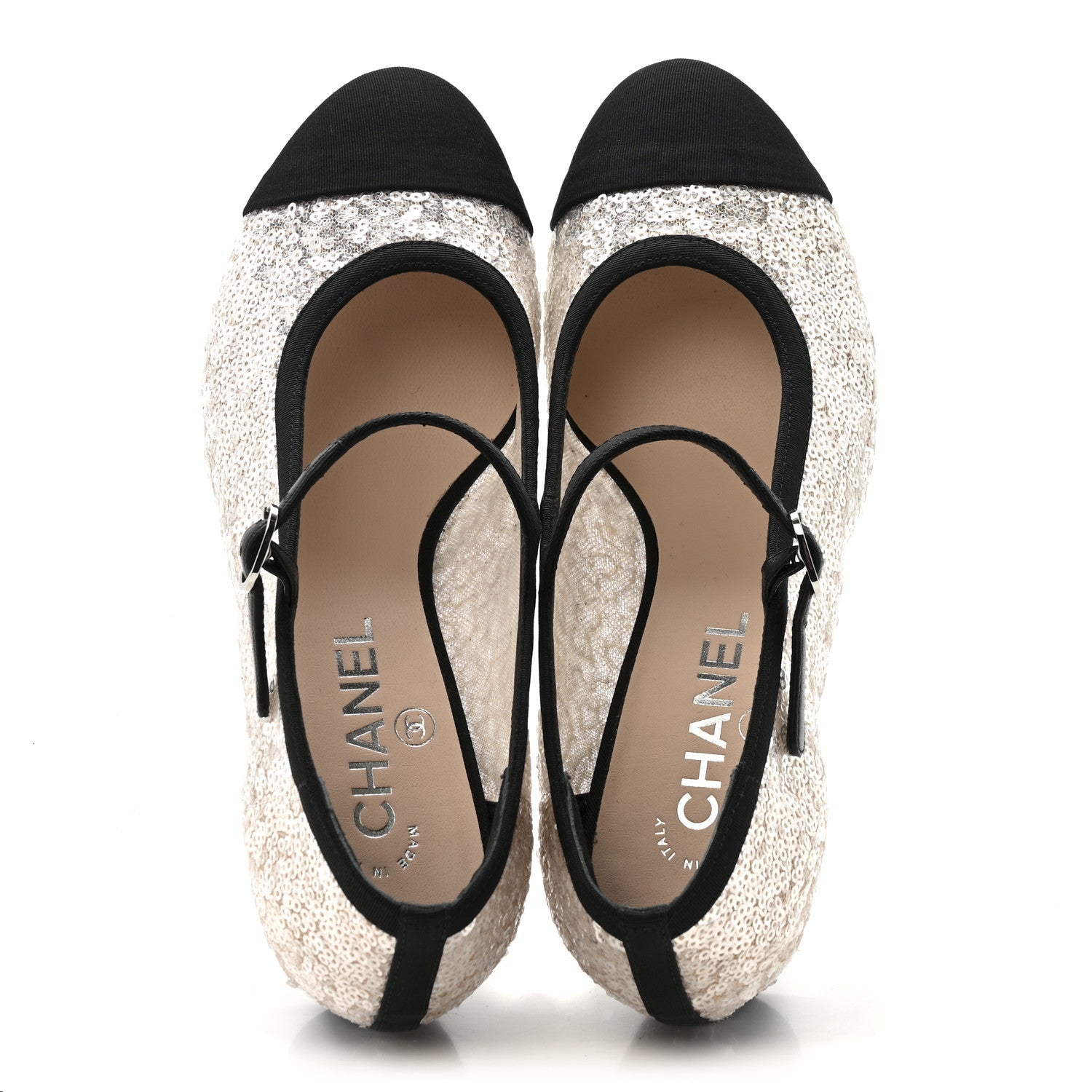 Glittered Tulle Sequin Grosgrain Cap Toe CC Mary Jane Pumps 36.5 Light Pink Black