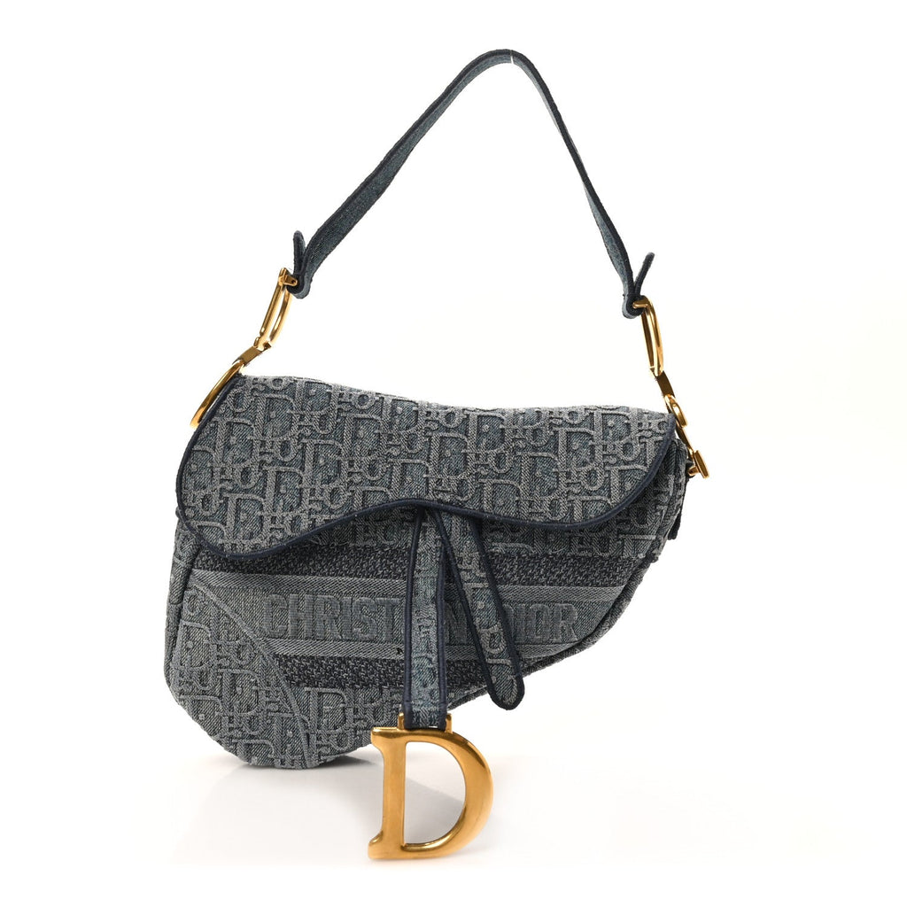 Christian Dior Oblique Embroidered Saddle Bag Denim Blue