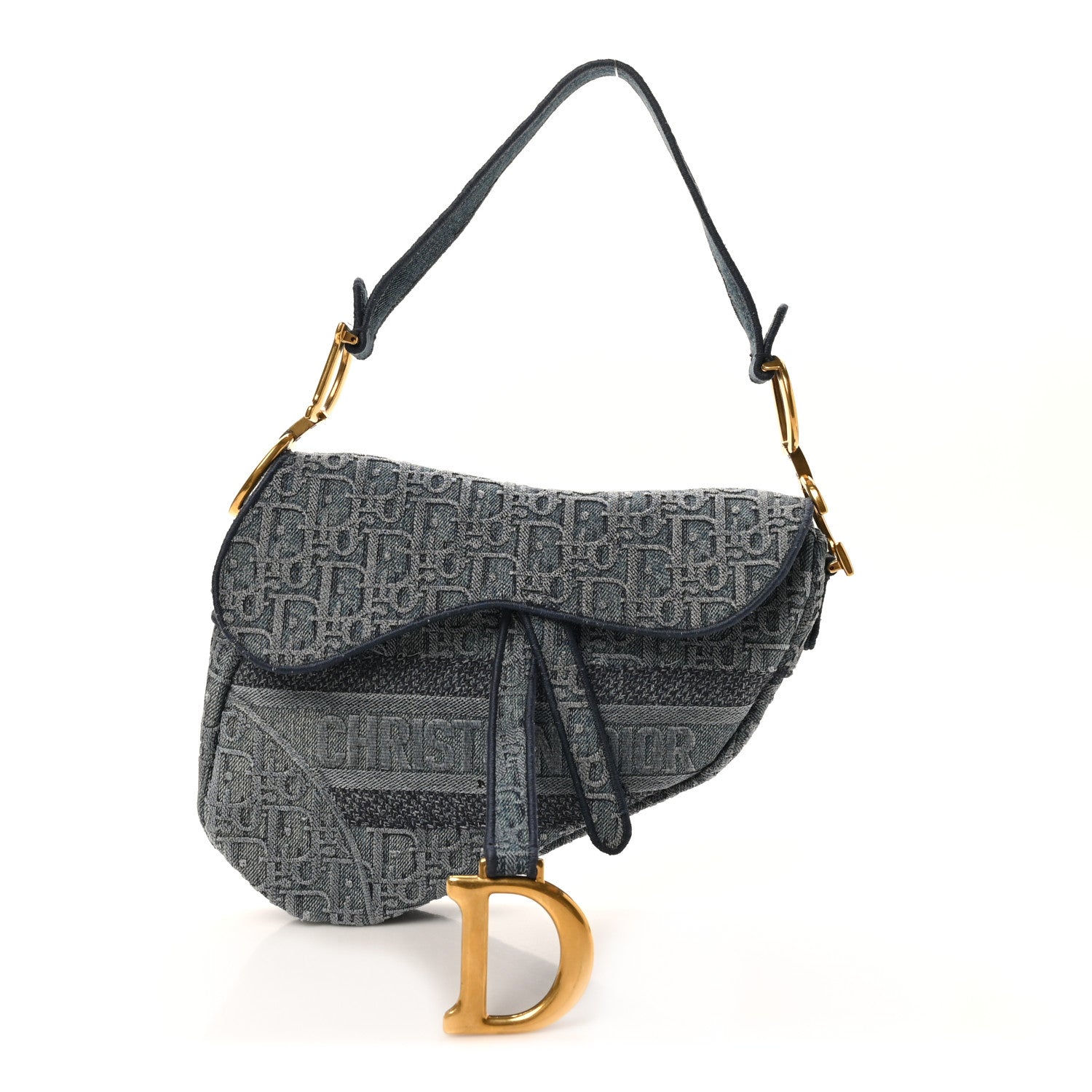 Christian Dior Oblique Embroidered Saddle Bag Denim Blue