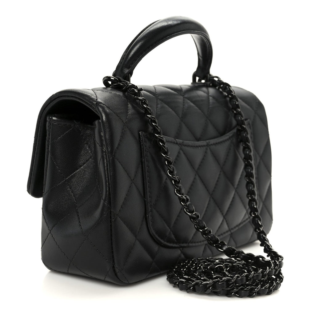 Chanel Lambskin Quilted Mini Top Handle Rectangular Flap So Black
