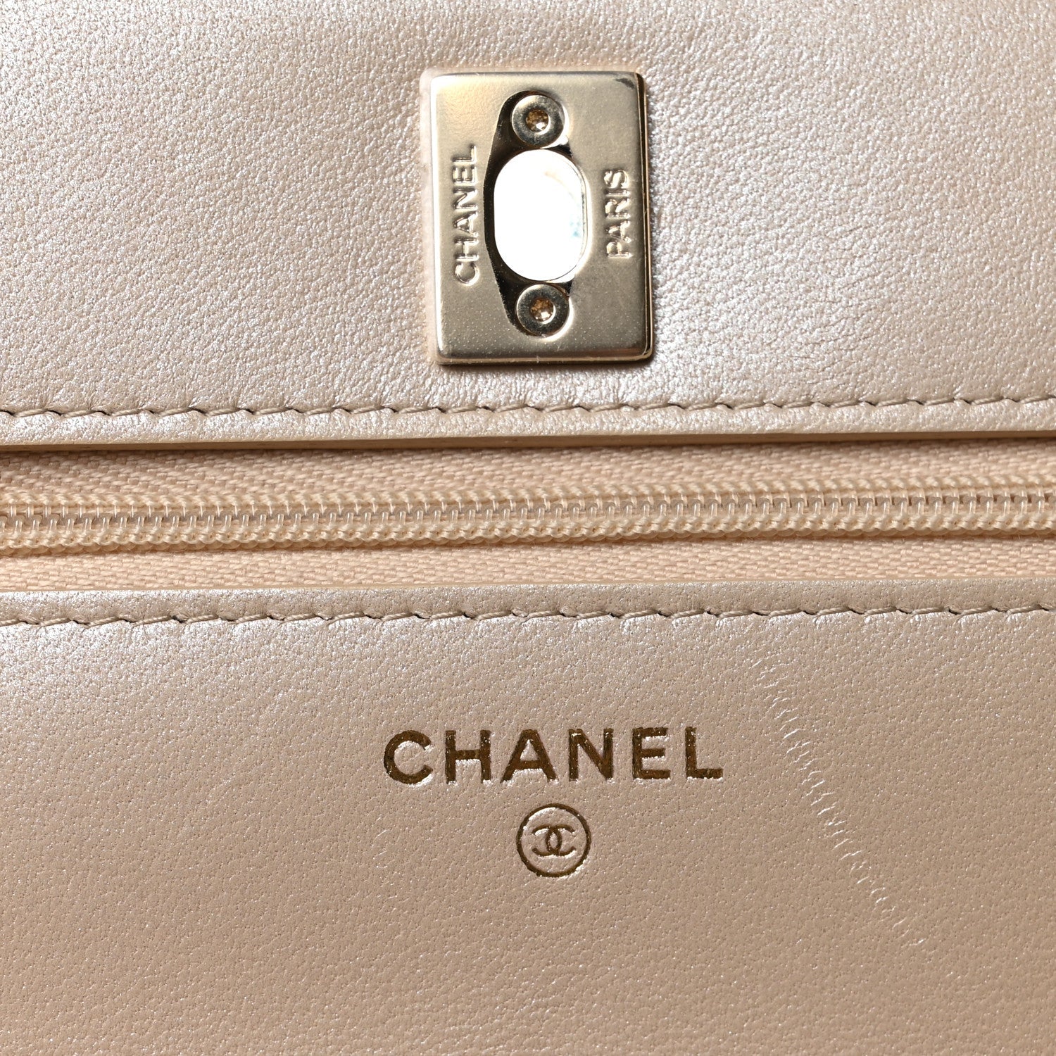 Chanel Pearly Lambskin Quilted Charms Wallet On Chain WOC Beige
