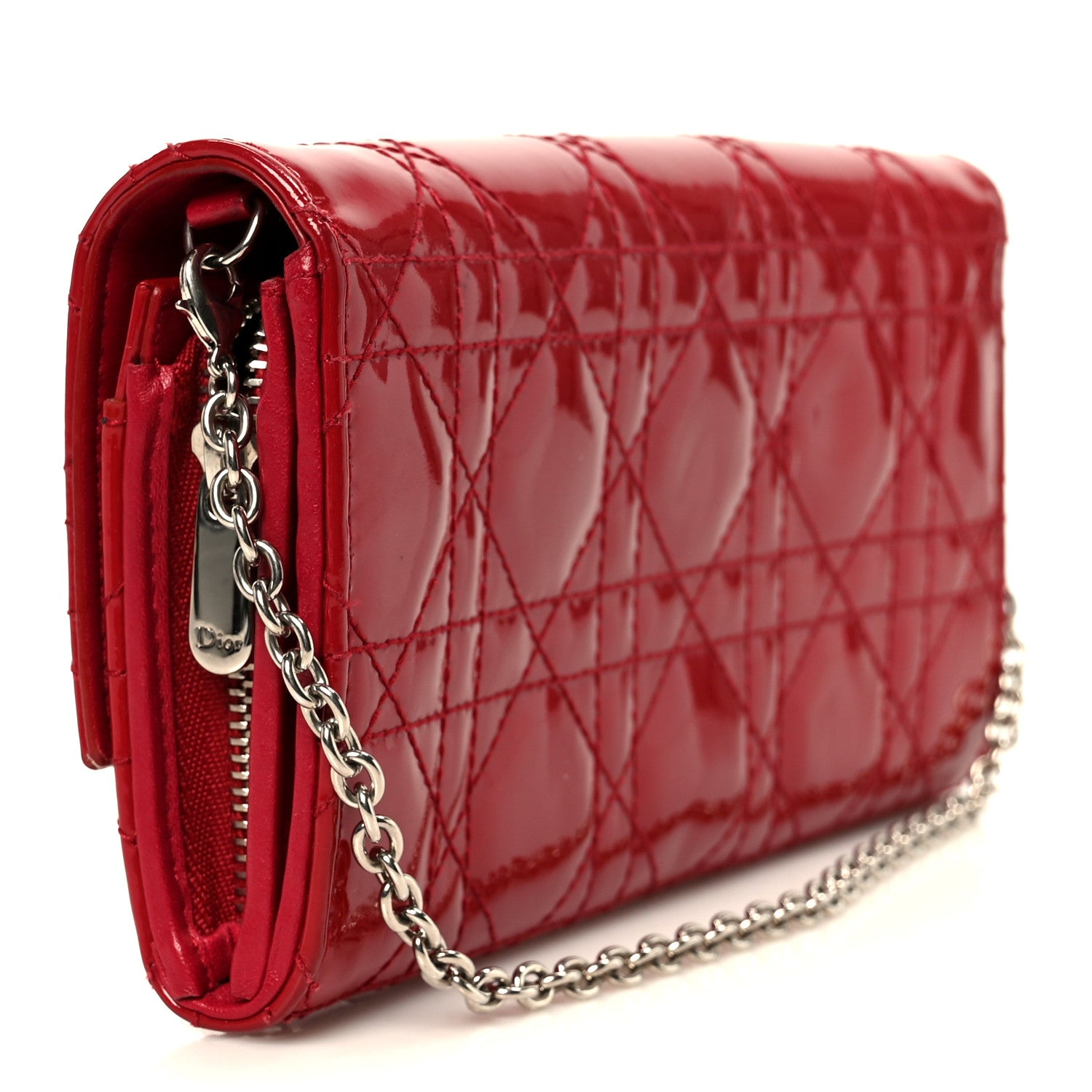 Christian Dior Patent Cannage Lady Dior Rendezvous Wallet On Chain Red