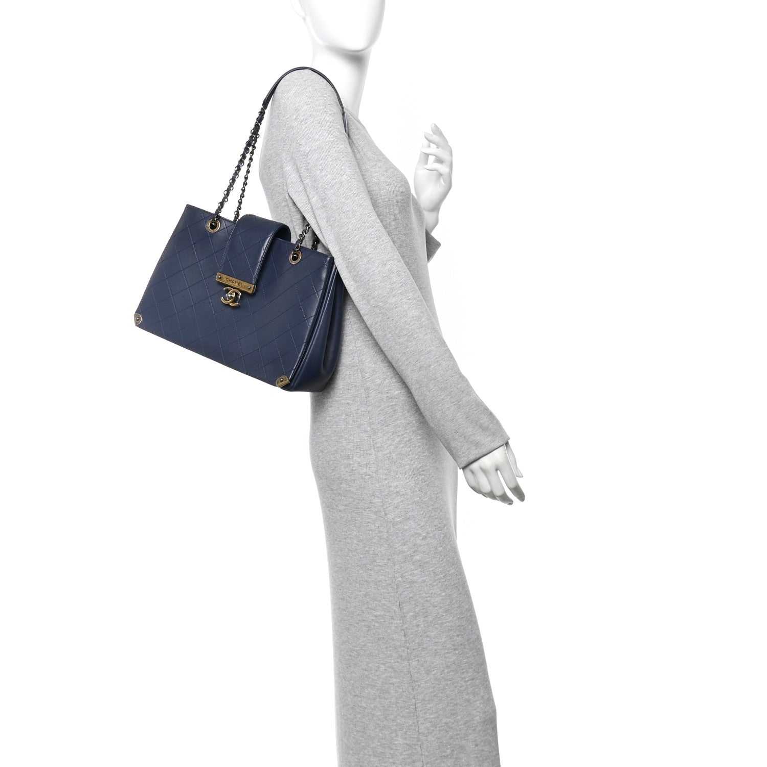 Chanel Lambskin Stitched Medium Around The Corner Shopping Tote Deep Marine