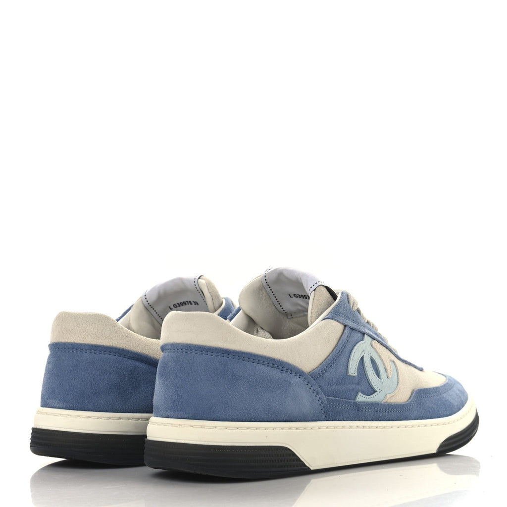 Chanel Suede Kidskin Womens CC Sneakers 39 White Blue