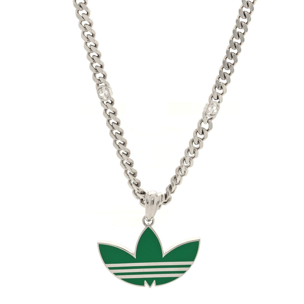 Gucci X ADIDAS Enamel Trefoil Gourmette Pendant Necklace Silver Green