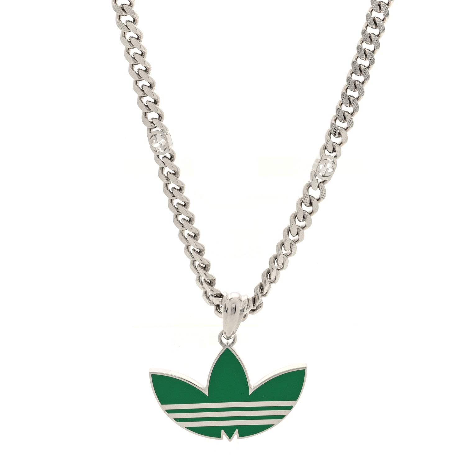 Gucci X ADIDAS Enamel Trefoil Gourmette Pendant Necklace Silver Green