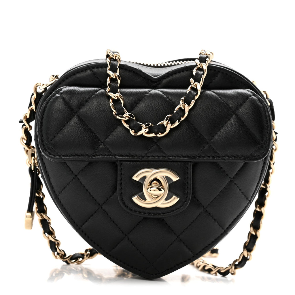 Chanel Lambskin Quilted CC In Love Heart Clutch With Chain Black