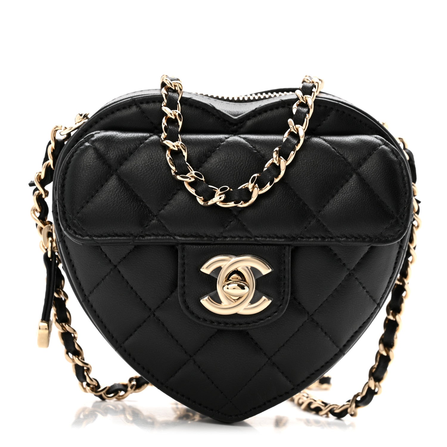 Chanel Lambskin Quilted CC In Love Heart Clutch With Chain Black