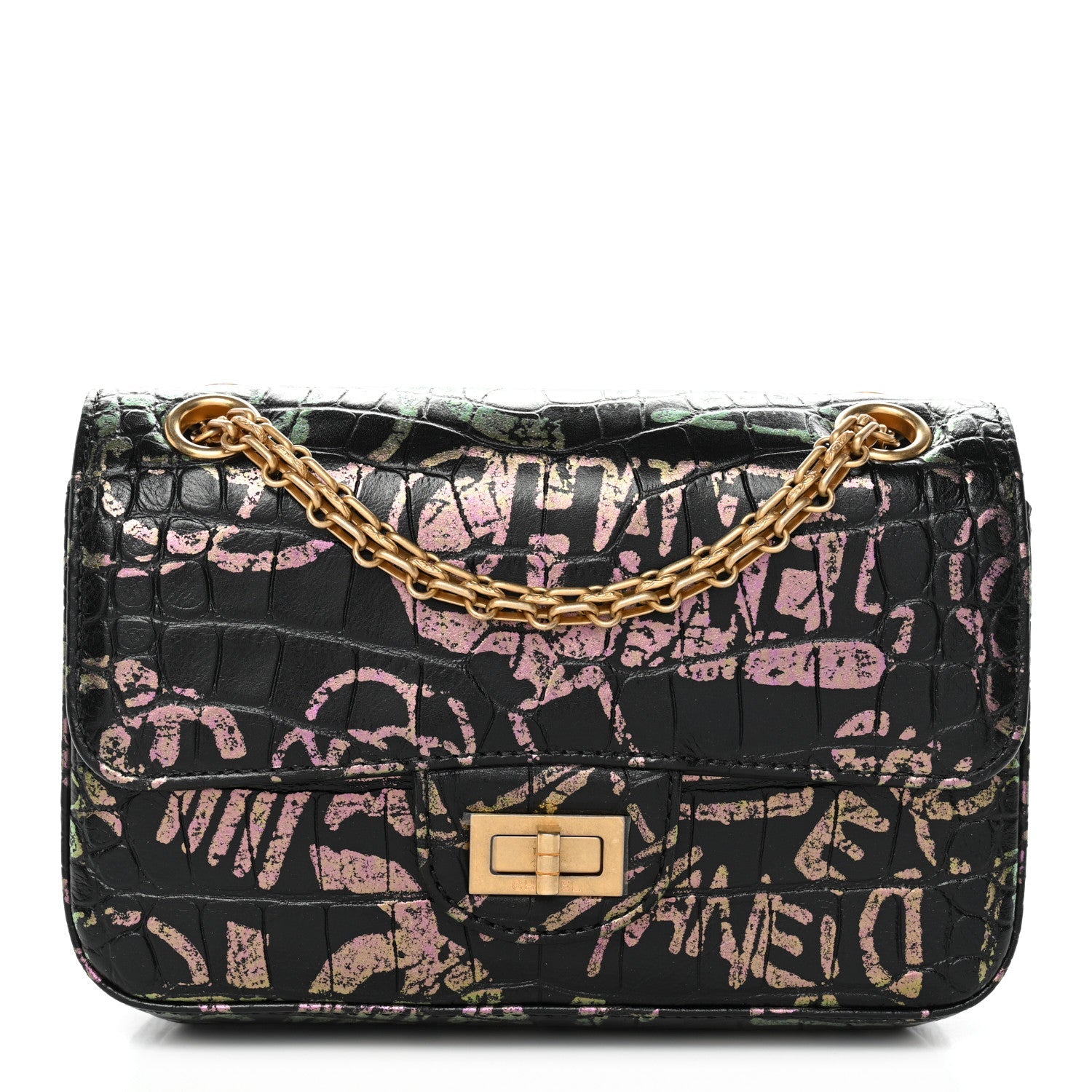 Chanel Calfskin Crocodile Embossed Graffiti 2.55 Mini Cocodile Reissue Flap Black Pink