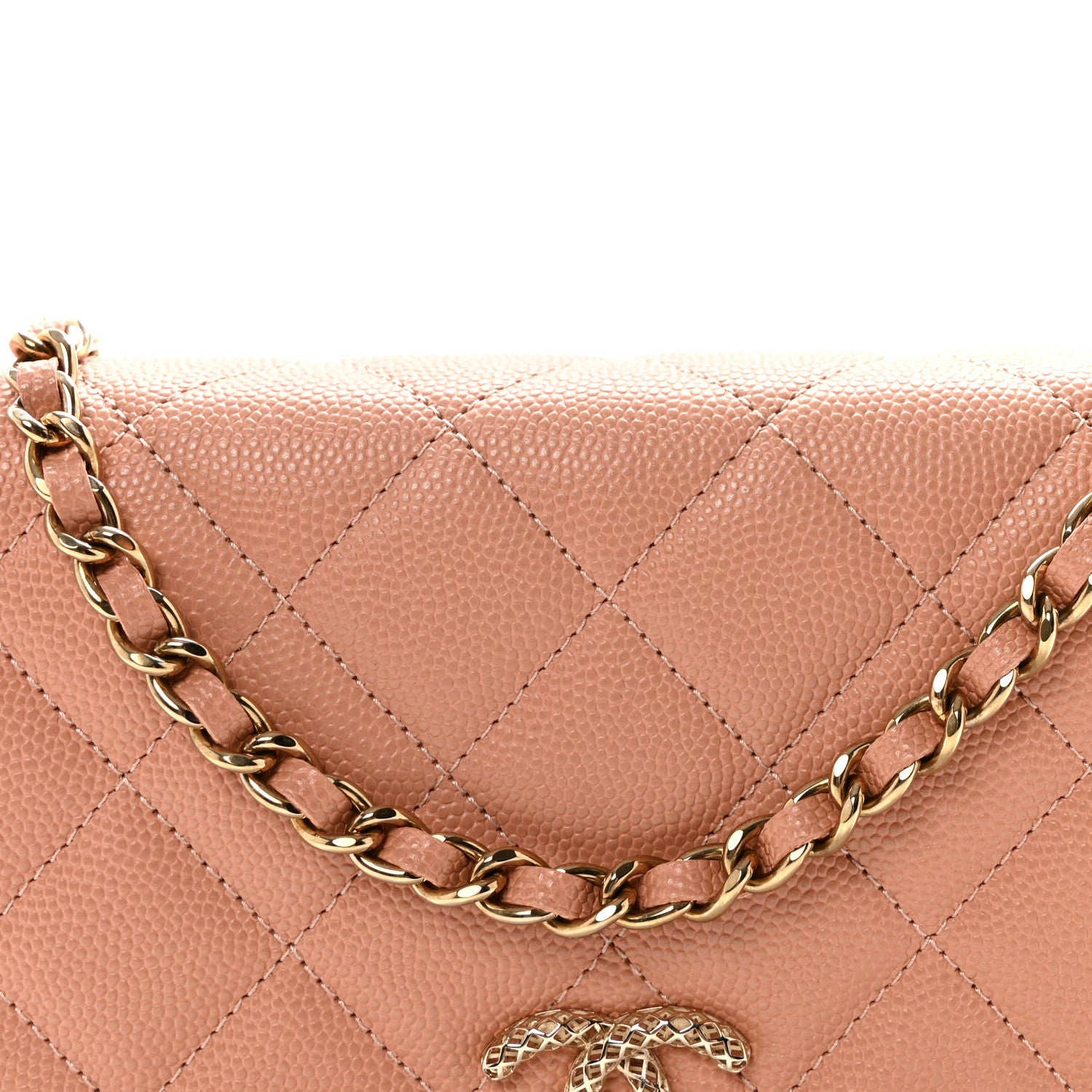 Chanel Caviar Quilted Perforated Metal CC Wallet On Chain WOC Beige