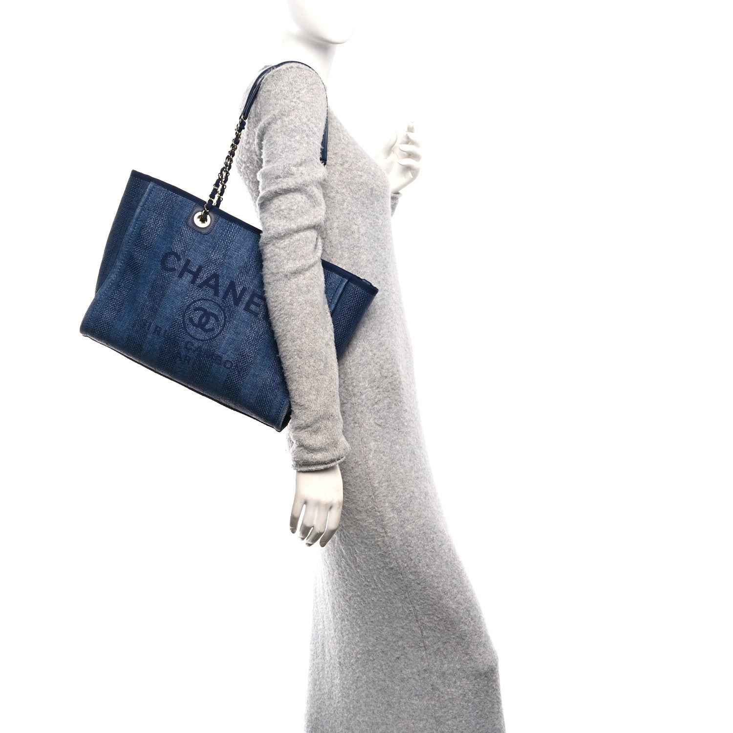 Chanel Mixed Fibers Striped Small Deauville Tote Navy Blue
