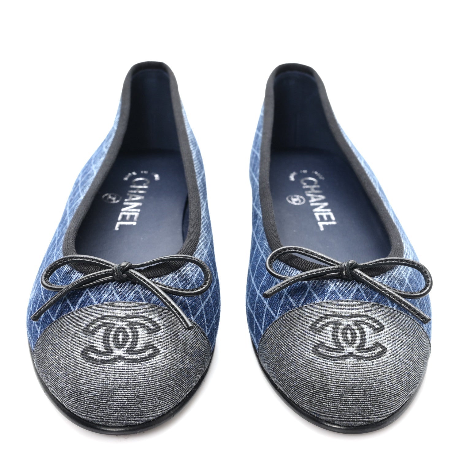 Denim Printed Quilt CC Cap Toe Ballerina Flats 37 Navy Blue Dark Grey