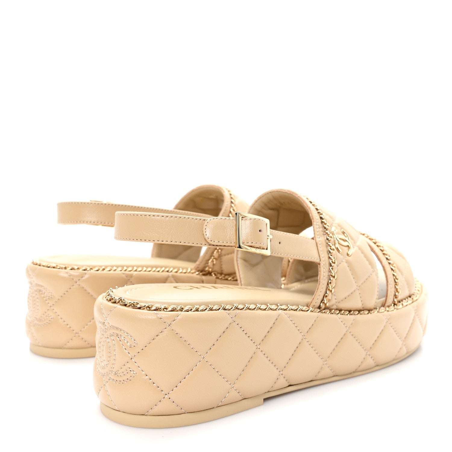 Chanel Shiny Lambskin Quilted Chain Around CC Platform Sandals 39.5 Beige