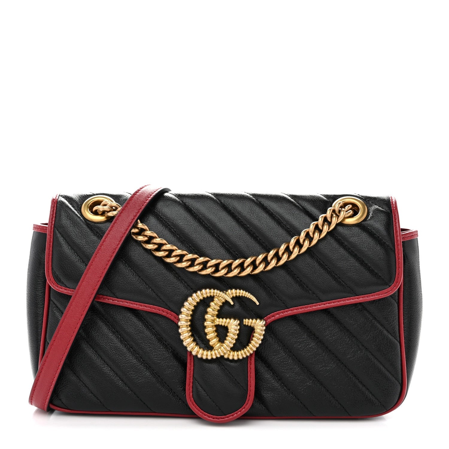 Gucci Vintage Effect Calfskin Matelasse Diagonal Small Torchon GG Marmont Shoulder Bag Black Romantic Cherry