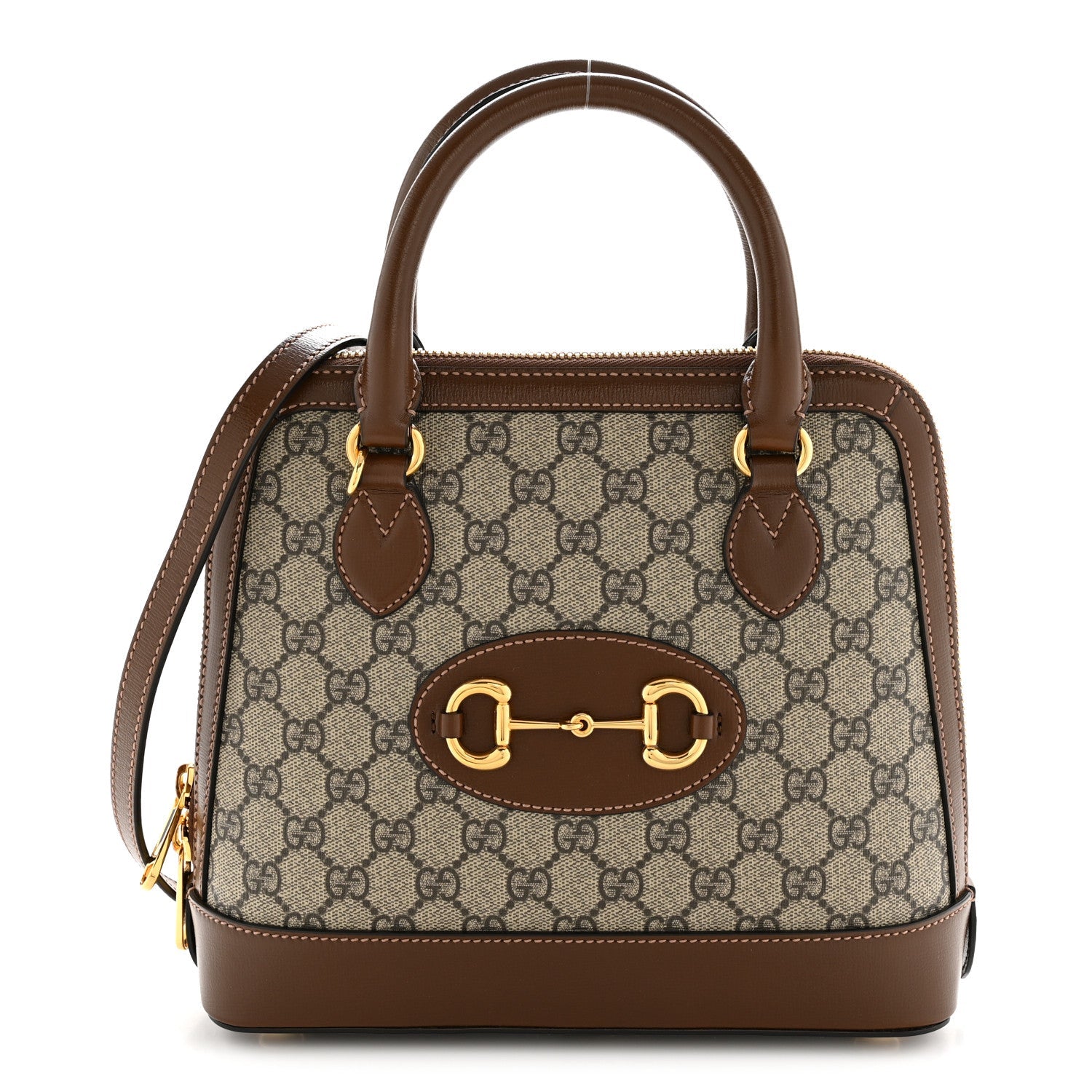 Gucci GG Supreme Monogram Azalea Calfskin Small Horsebit 1955 Top Handle Bag Beige Ebony Brown Sugar
