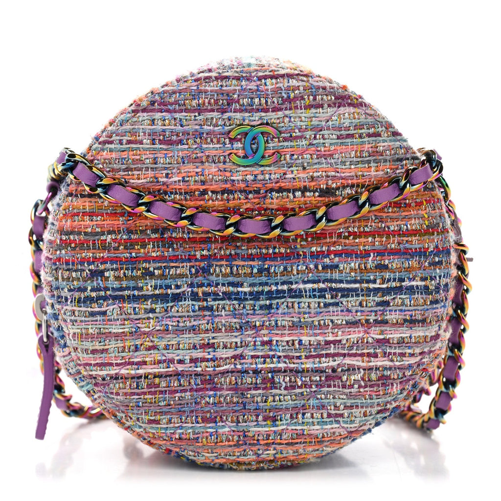Chanel Tweed Quilted Round Clutch With Chain Blue Pink Orange
