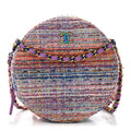 Chanel Tweed Quilted Round Clutch With Chain Blue Pink Orange