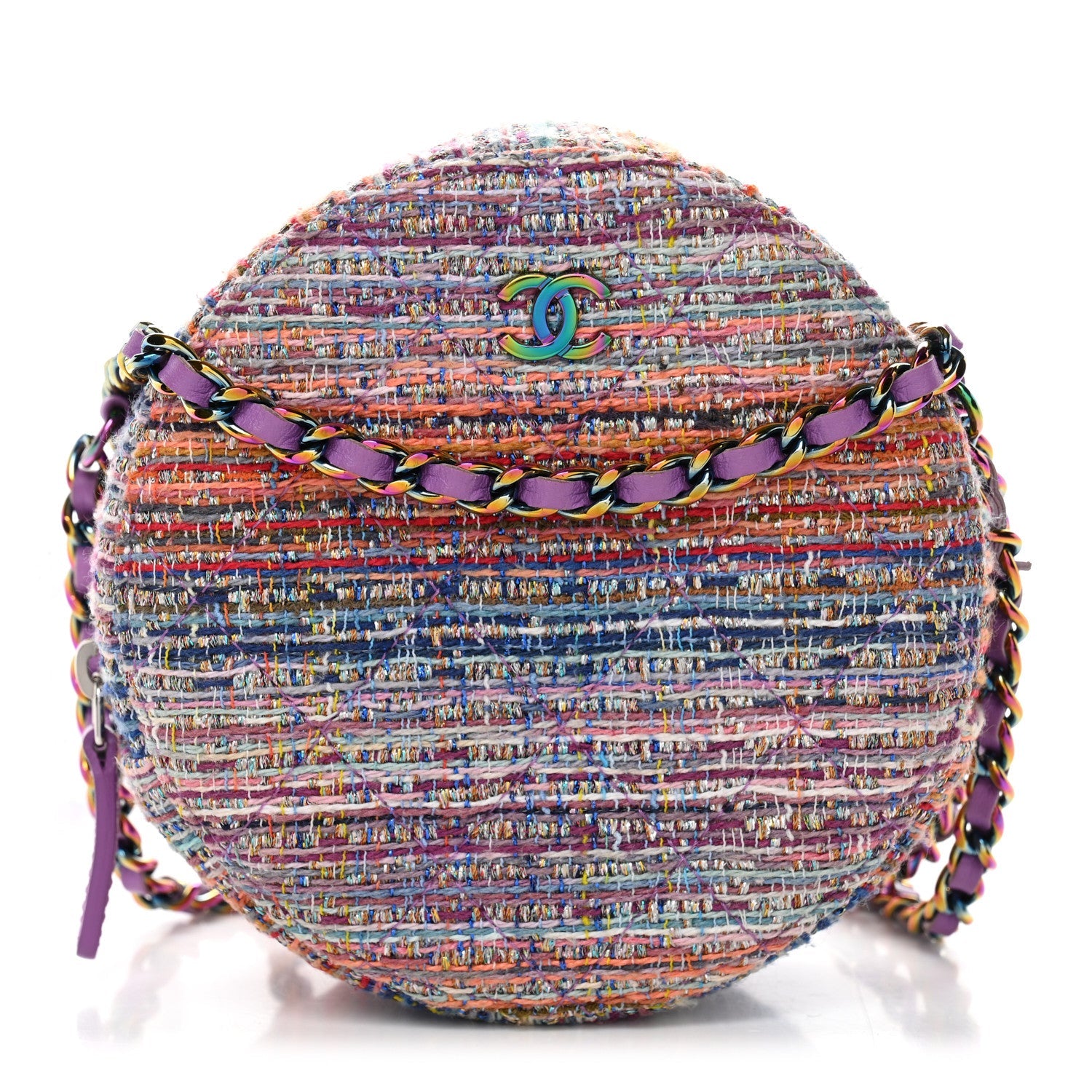 Chanel Tweed Quilted Round Clutch With Chain Blue Pink Orange