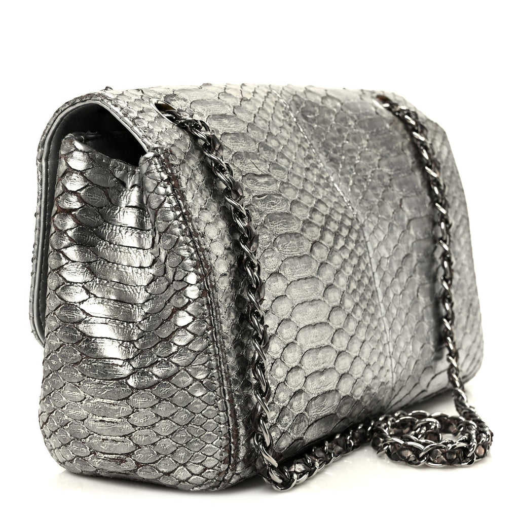 Chanel Metallic Snakeskin Medium Single Flap Silver