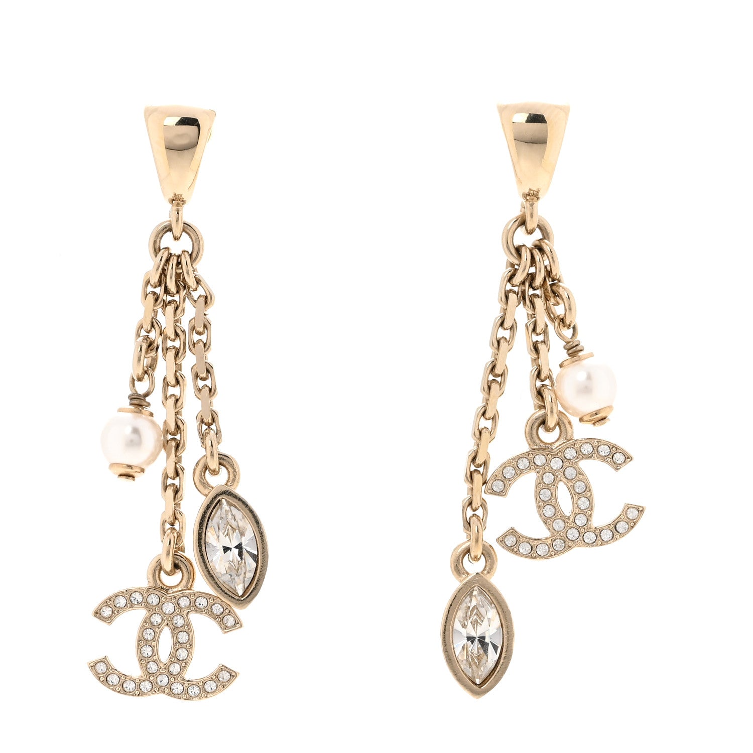 Chanel Strass Crystal Pearl CC Drop Earrings Gold