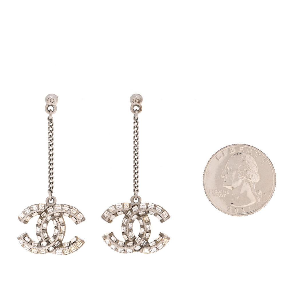 Baguette Crystal CC Drop Earrings Silver