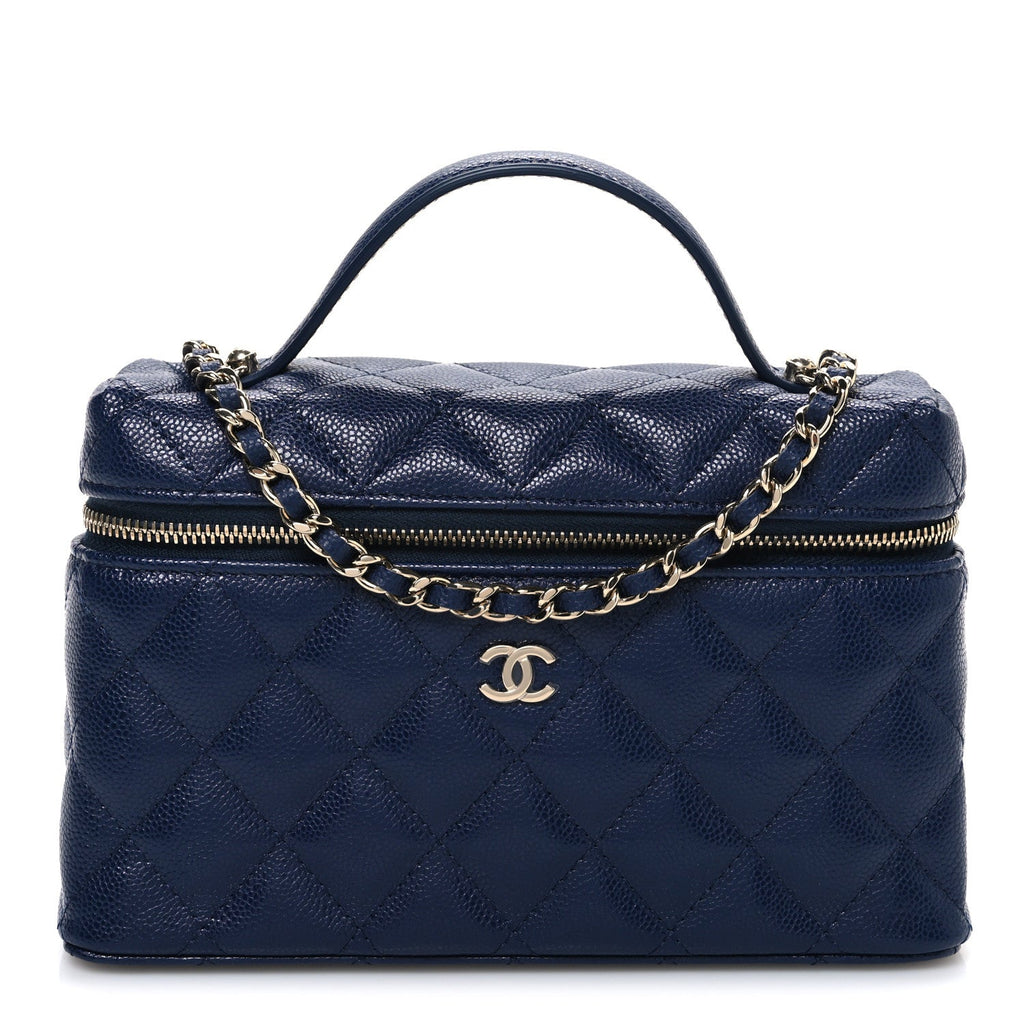 Chanel Caviar Quilted Top Handle Slim Vanity With Chain Navy