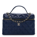 Chanel Caviar Quilted Top Handle Slim Vanity With Chain Navy