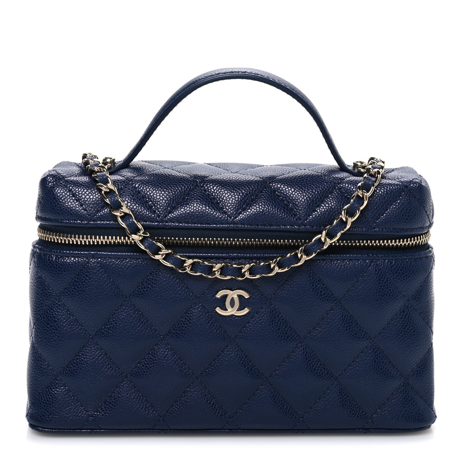 Chanel Caviar Quilted Top Handle Slim Vanity With Chain Navy