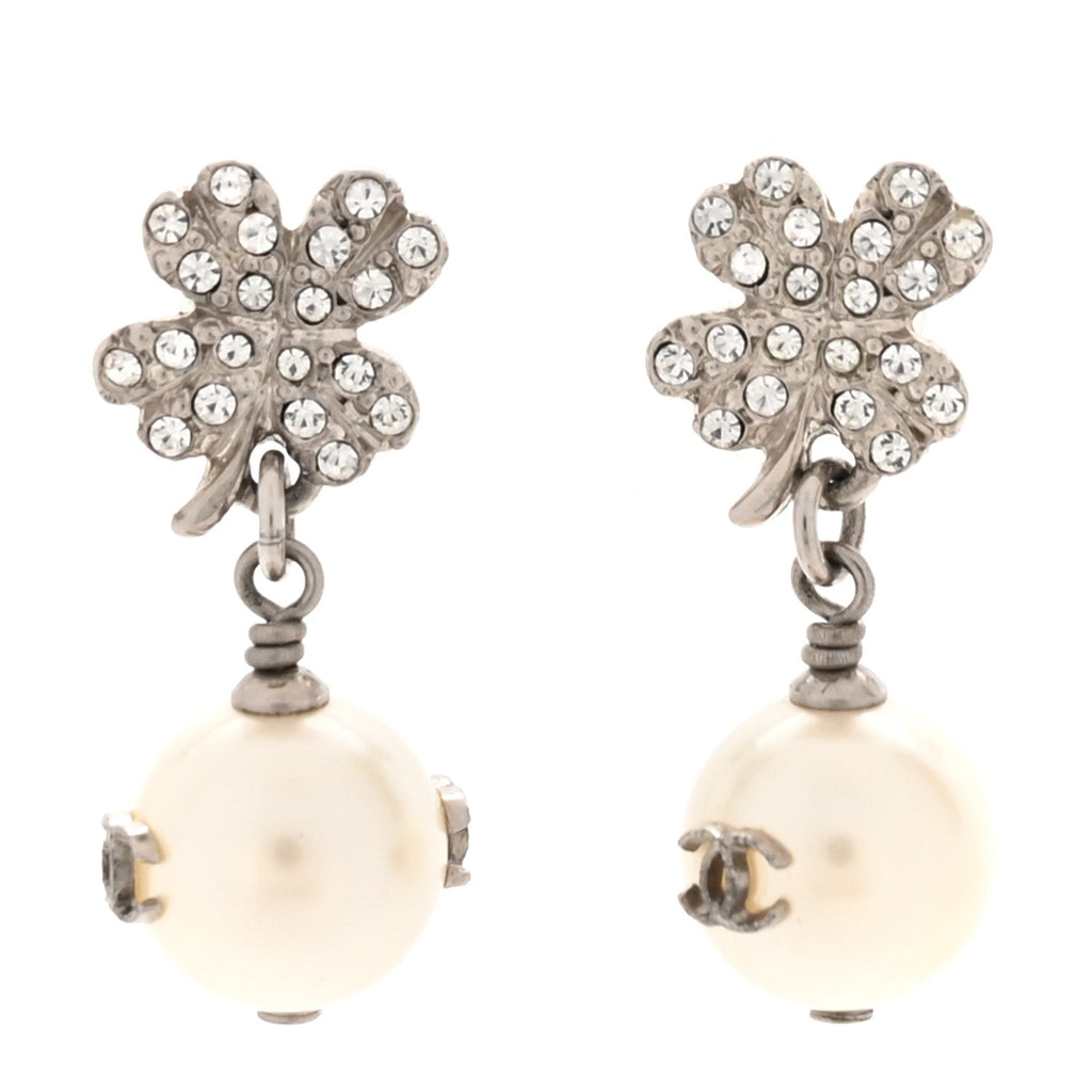 Crystal Pearl CC Clover Drop Earrings Silver
