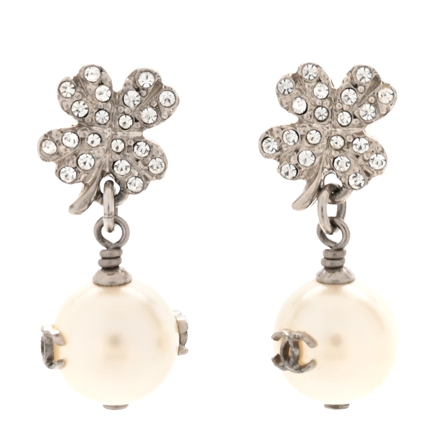 Crystal Pearl CC Clover Drop Earrings Silver