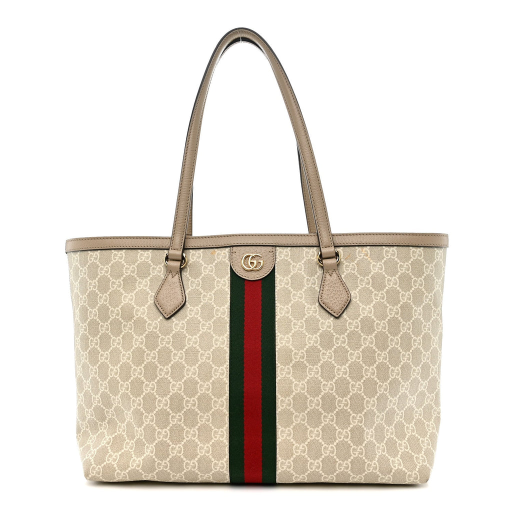 Gucci GG Supreme Monogram Textured Dollar Calfskin Web Medium Ophidia Shopping Tote Beige Mystic White Oatmeal