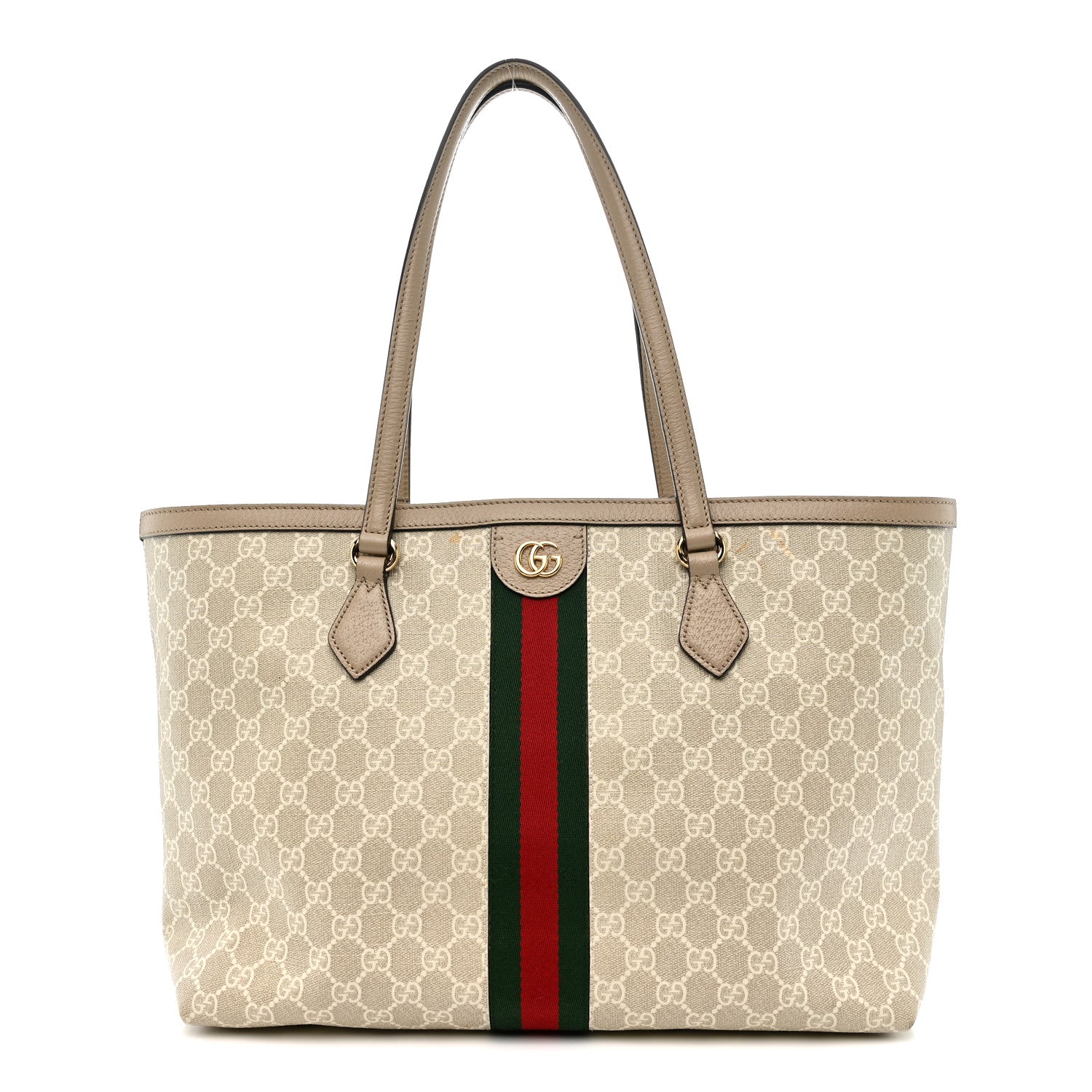 Gucci GG Supreme Monogram Textured Dollar Calfskin Web Medium Ophidia Shopping Tote Beige Mystic White Oatmeal