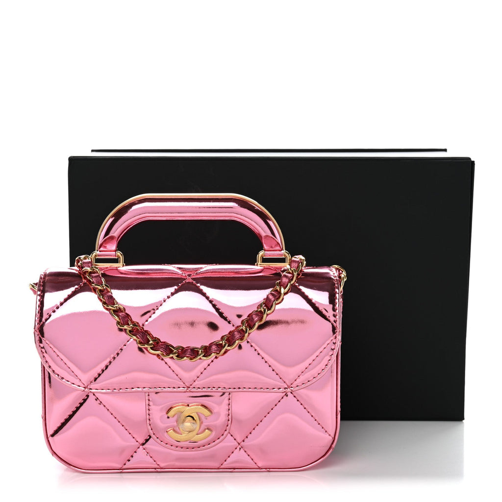 Chanel Mirror Metallic Calfskin Quilted Mini Top Handle Flap Pink