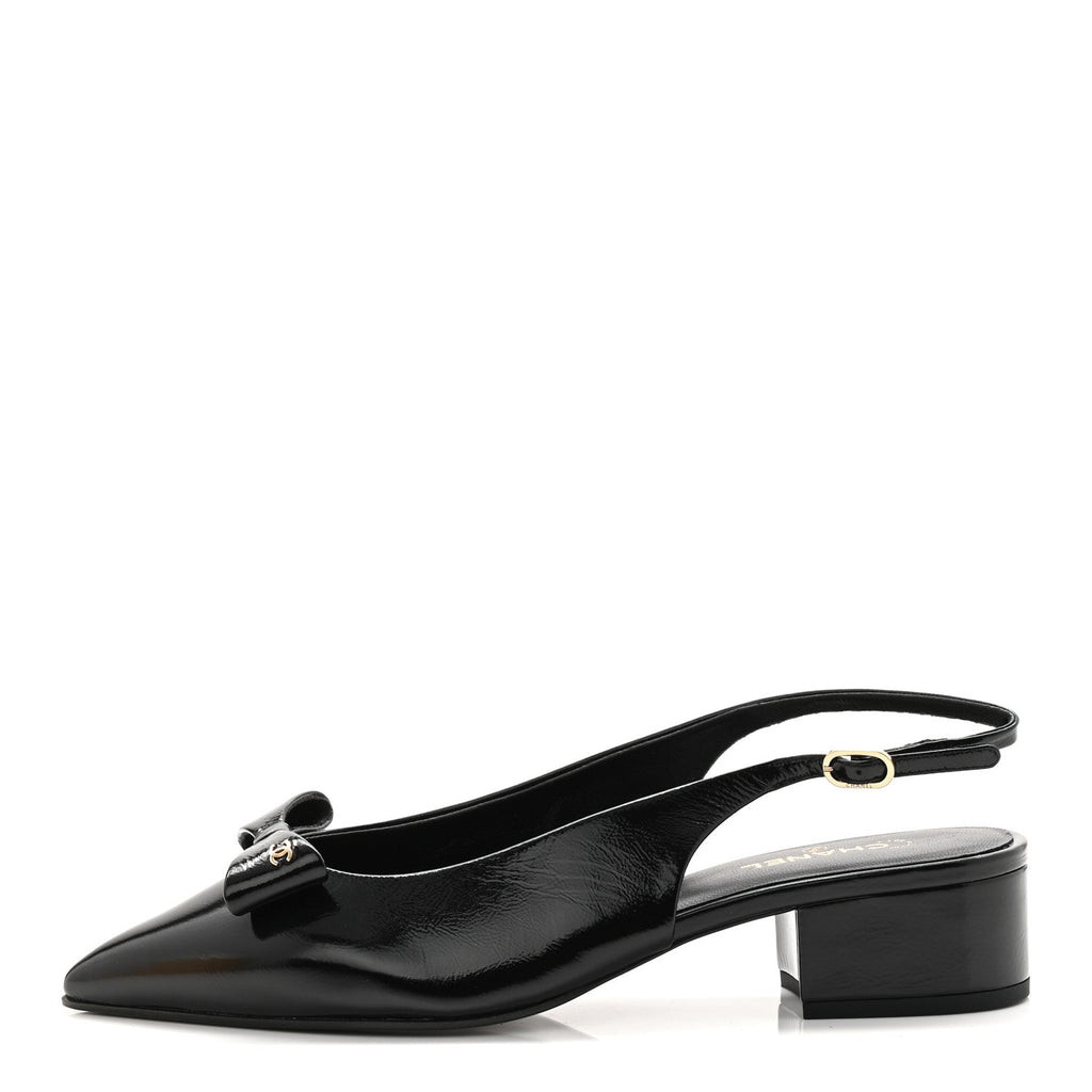 Crumpled Patent Calfskin CC Bow Slingback Pumps 37.5 Black