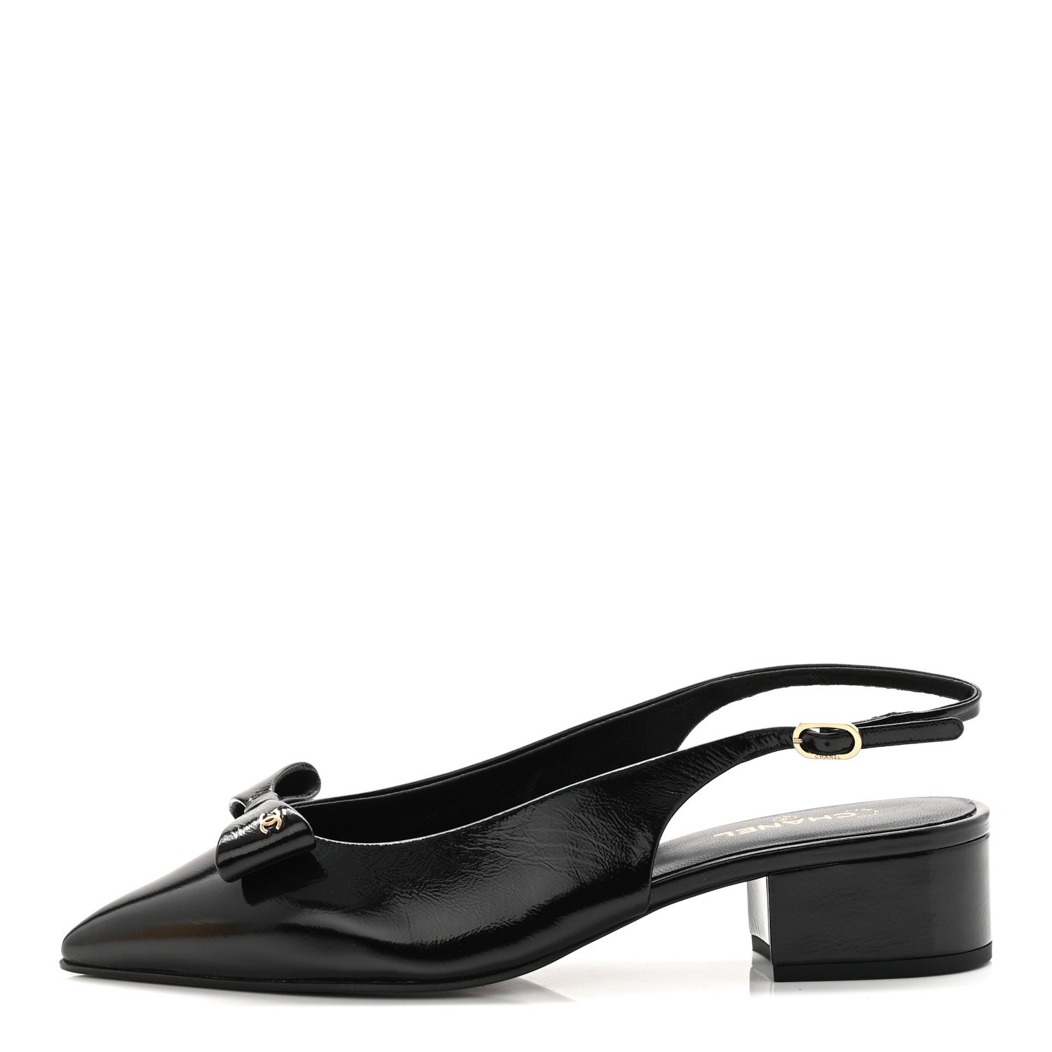 Crumpled Patent Calfskin CC Bow Slingback Pumps 37.5 Black