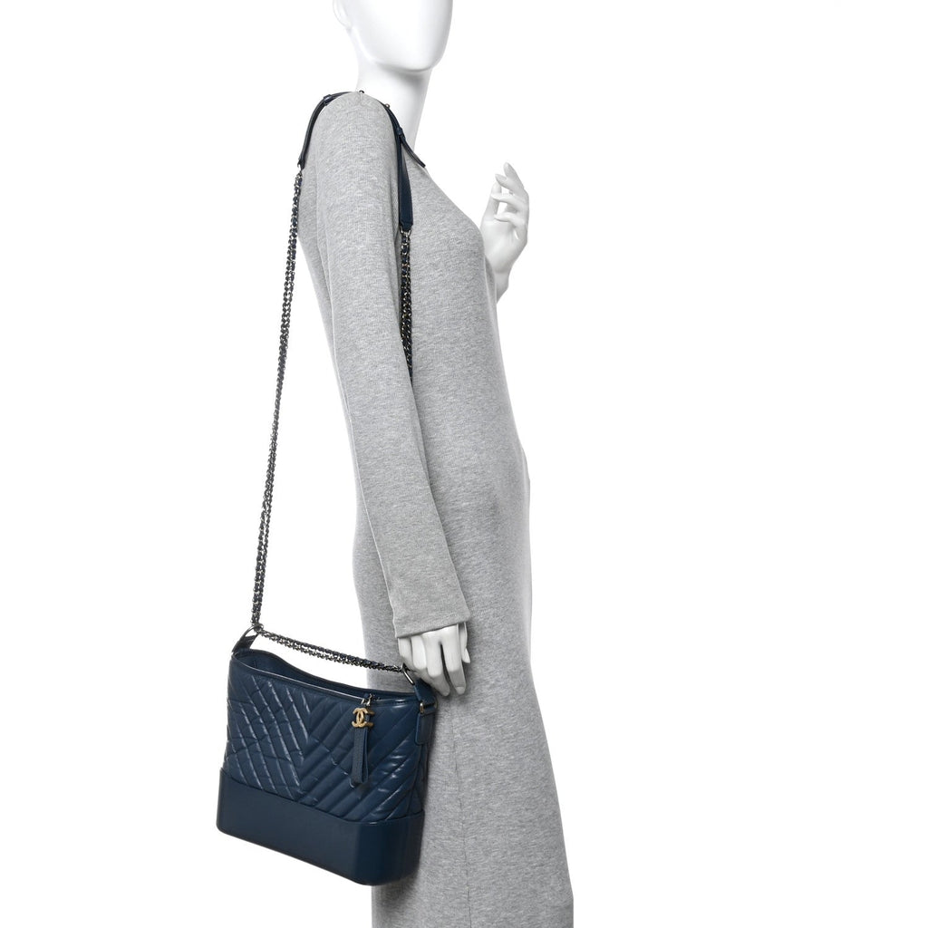 Chanel Aged Calfskin Chevron Quilted Medium Gabrielle Hobo Blue