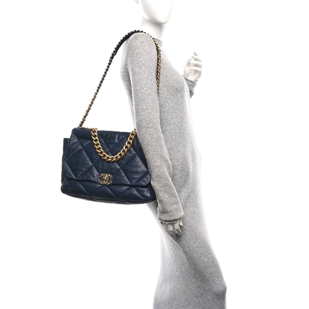 Chanel Goatskin Quilted Maxi Chanel 19 Flap Navy Blue