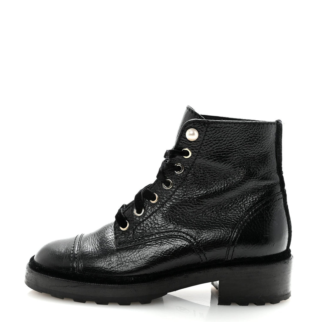 Chanel Shiny Calfskin Velvet Pearl Combat Short Boots 38.5 Black
