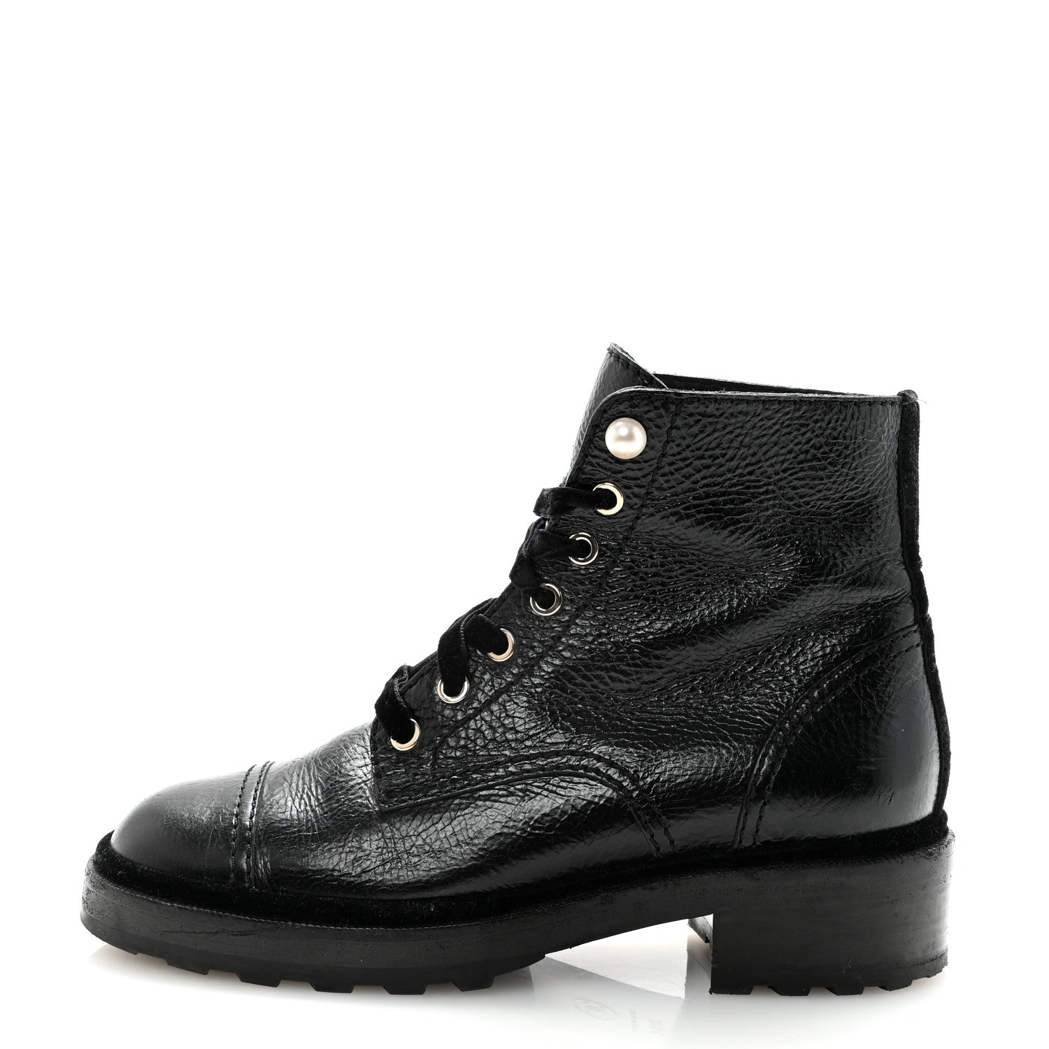 Chanel Shiny Calfskin Velvet Pearl Combat Short Boots 38.5 Black