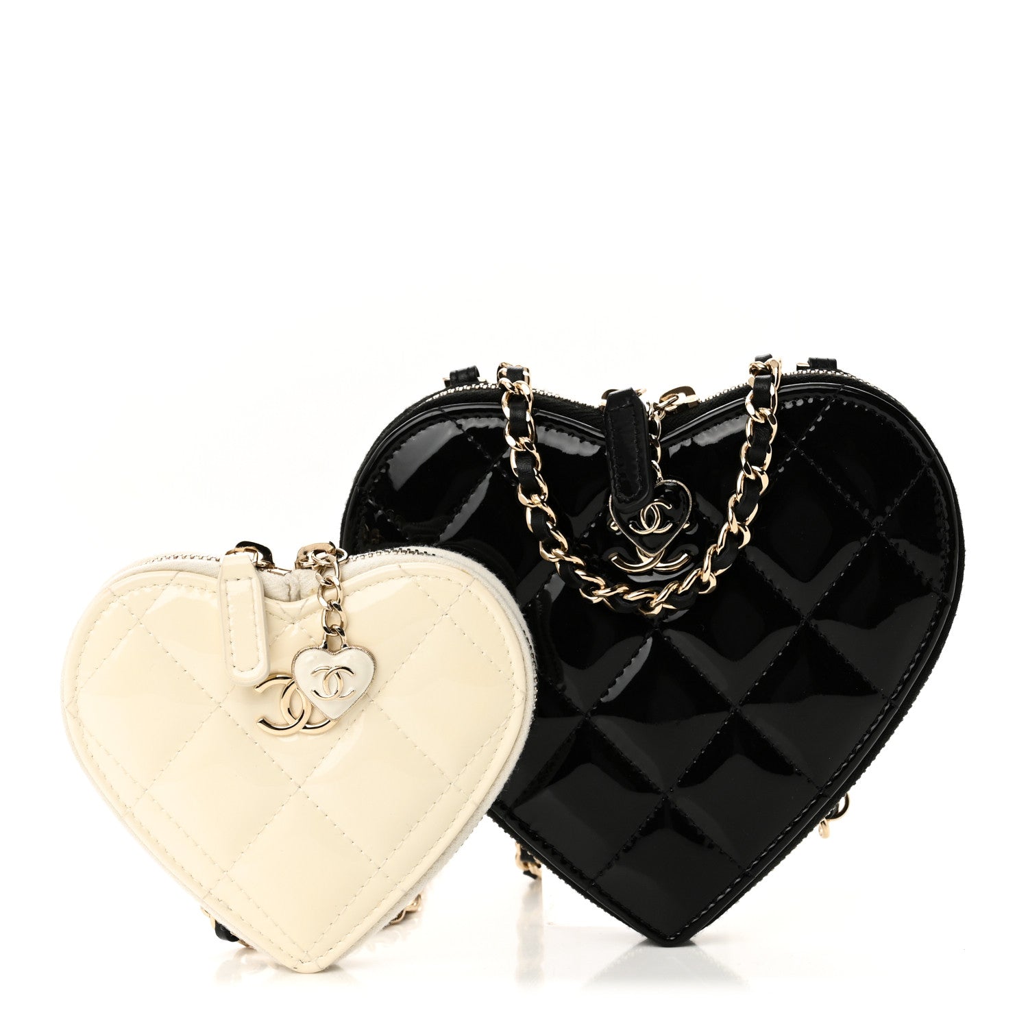 Chanel Patent Calfskin Resin Quilted CC Heart Clutch With Chain Black