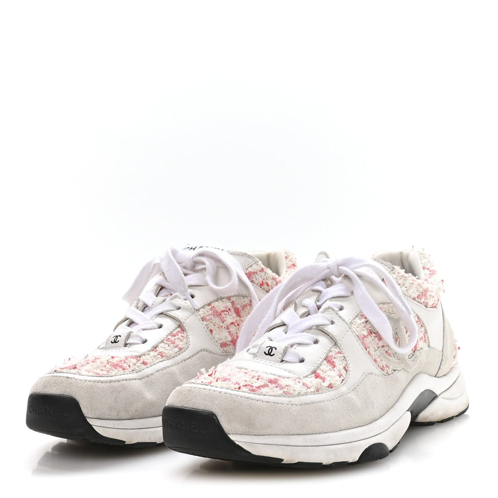 Chanel Tweed Suede Calfskin Womens CC Sneakers 39.5 Ecru Pink Red White