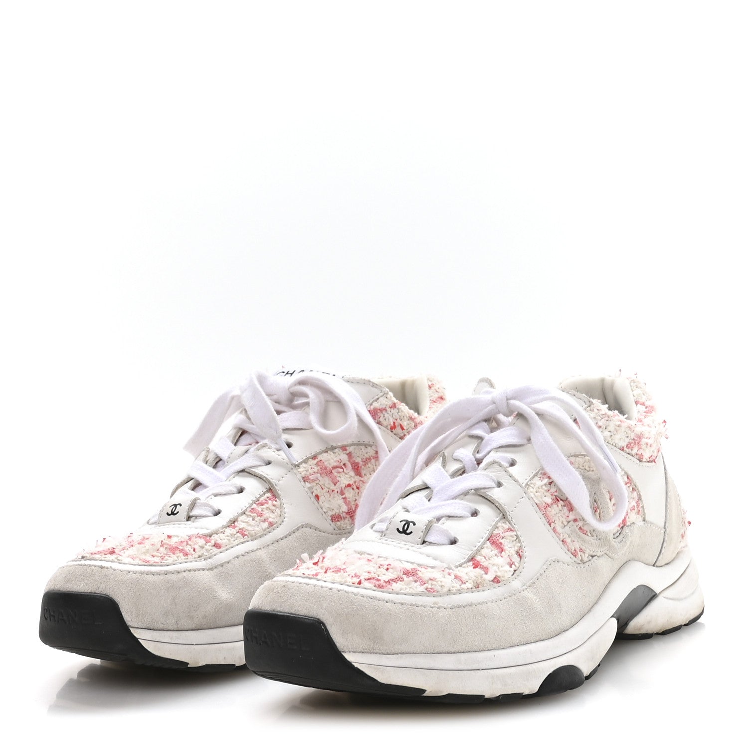 Chanel Tweed Suede Calfskin Womens CC Sneakers 39.5 Ecru Pink Red White