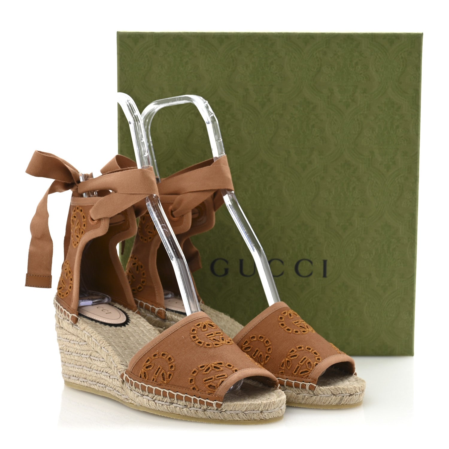 Gucci Canvas Damita GG Eyelet Espadrille Wedge Sandals 37.5 Blondie Cognac
