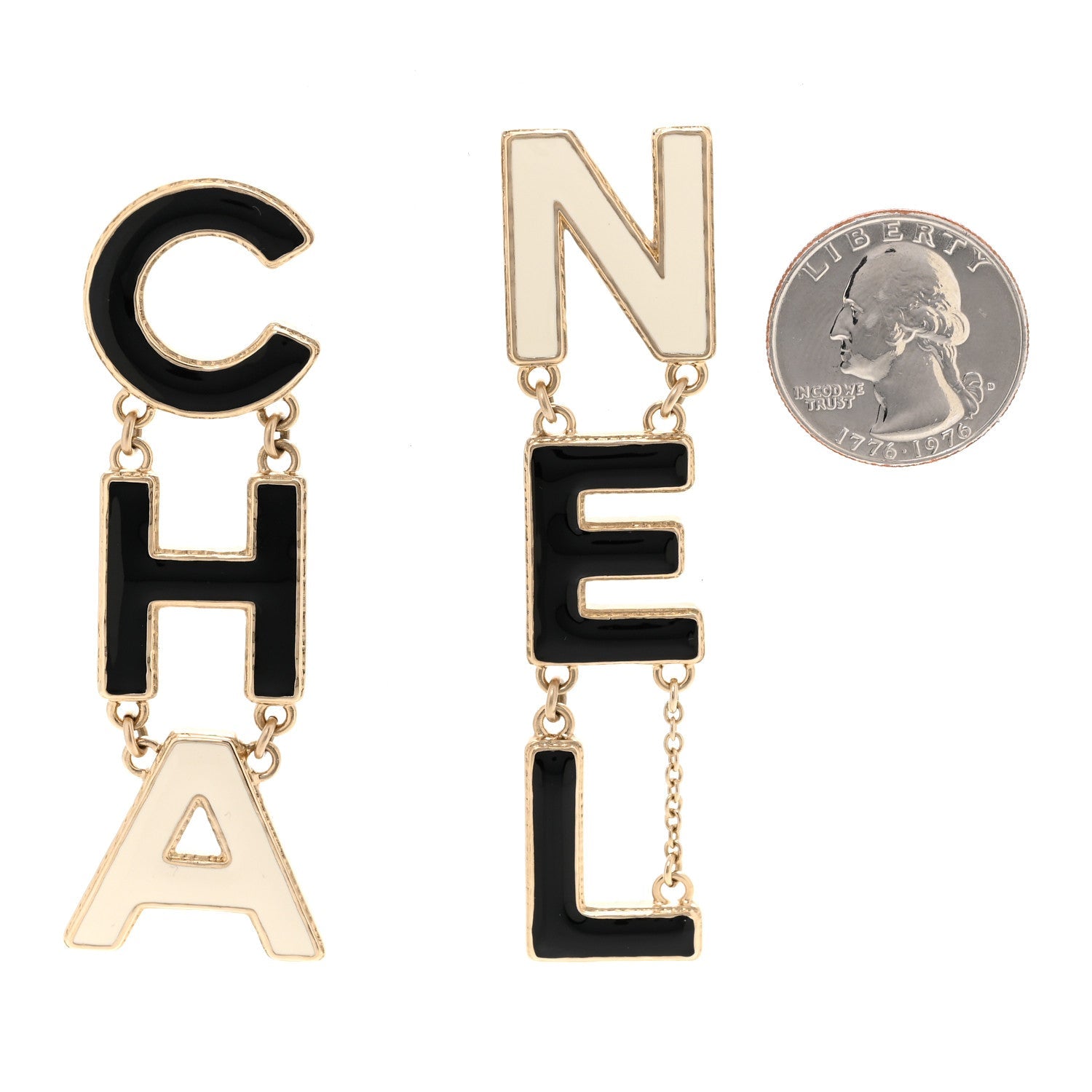 Metal Enamel Cha-Nel Logo Drop Earrings Black White
