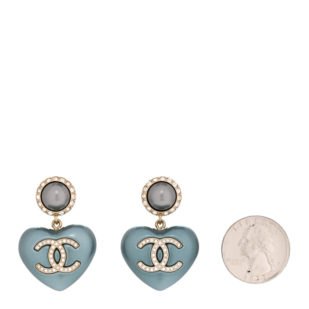 Pearl Crystal CC Heart Drop Earrings Blue